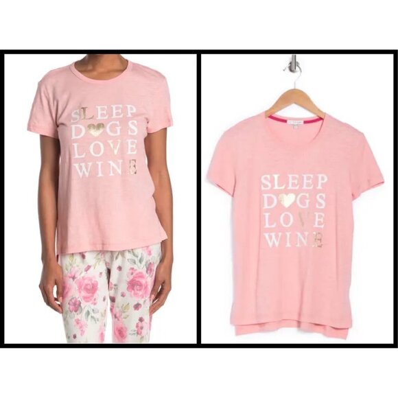 💕PJ SALVAGE💕 Sleep Dog Love Wine Graphic Tee T-Shirt PJ Top Blush Medium NWT - Picture 2 of 9